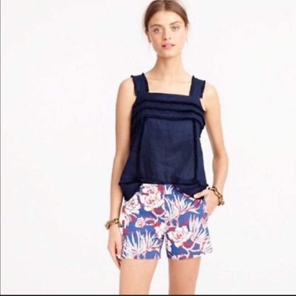 J. Crew Navy Linen Fringe Hem Tank Top Blouse